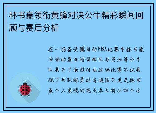 林书豪领衔黄蜂对决公牛精彩瞬间回顾与赛后分析